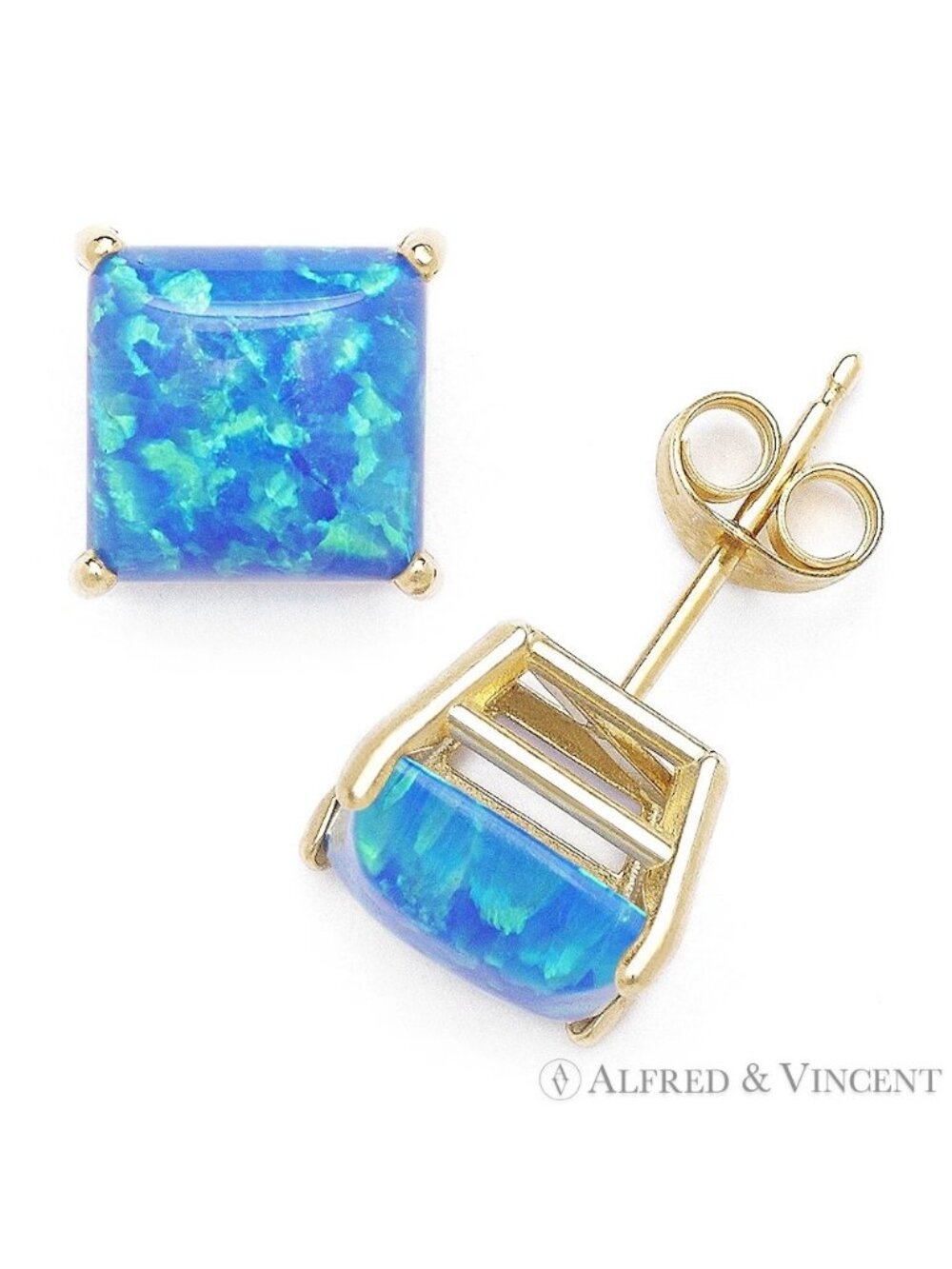Square Cabochon Pacific Blue Opal Stud Earrings in Solid 14k Yellow Gold